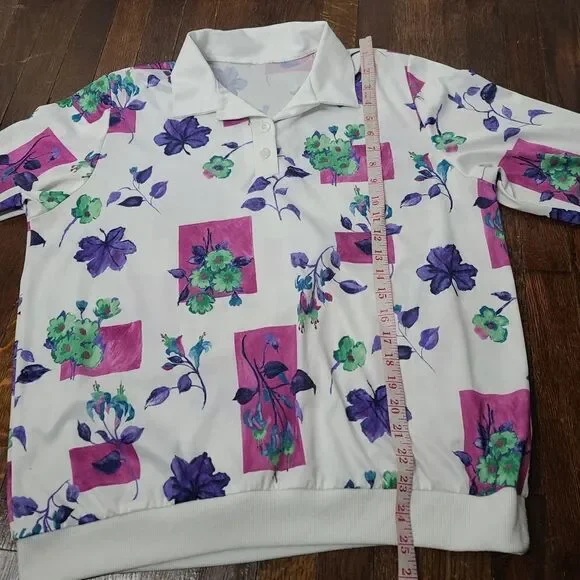 Vintage Colorful Floral Short Sleeve Polo Shirt Cottagecore - Picture 9 of 10
